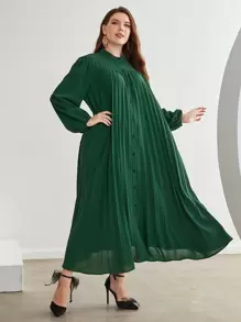 Lacomfia 大碼燈籠袖百褶襯衫洋裝