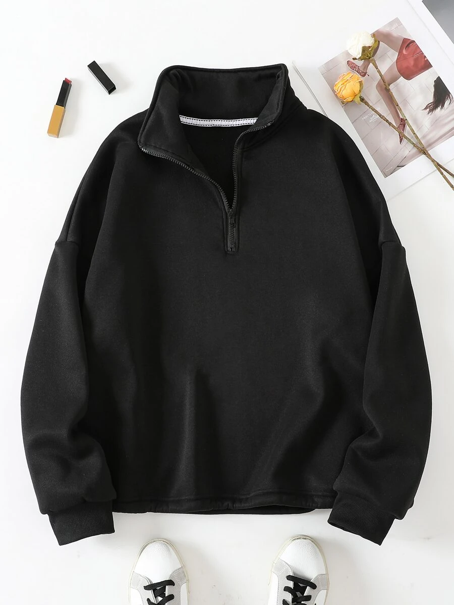 INAWLY Sudadera cremallera media de hombros caídos - Negro - Ver 1