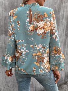 SHEIN Clasi 印花褶邊領荷葉袖襯衫 - 綠色 - 查看 2