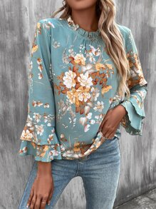 SHEIN Clasi 印花褶邊領荷葉袖襯衫 - 綠色 - 查看 4