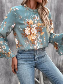 SHEIN Clasi 印花褶邊領荷葉袖襯衫 - 綠色 - 查看 5