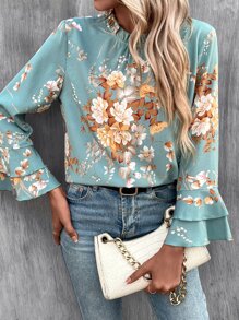 SHEIN Clasi 印花褶邊領荷葉袖襯衫 - 綠色 - 查看 6