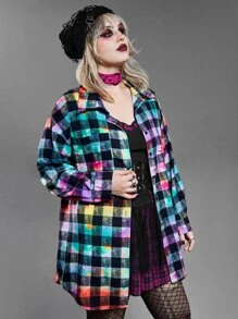 PUNK 大碼格子圖案撞色落肩袖襯衫 - 彩色 - 查看 3