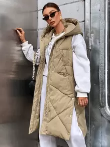 Aveloria 休闲纯色侧扣拉链无袖连帽加厚棉服冬季服装 - 卡其色 - 查看 1