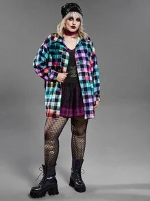 PUNK 大碼格子圖案撞色落肩袖襯衫 - 彩色 - 查看 6