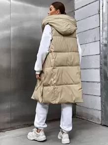 Aveloria 休闲纯色侧扣拉链无袖连帽加厚棉服冬季服装 - 卡其色 - 查看 2