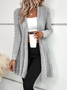 SHEIN LUNE Ruffle Hem Casual Design Cardigan,Long Sleeve Tops Fall Winter Cloth For Women - Light Grey - View 3