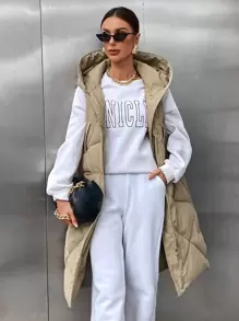 Aveloria 休闲纯色侧扣拉链无袖连帽加厚棉服冬季服装 - 卡其色 - 查看 5