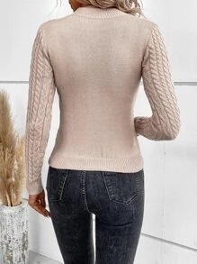 SHEIN Privé Áo len nữ Cáp đan Cắt ra màu trơn Giải trí - Màu Khaki - Xem 3