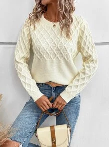 SHEIN LUNE Solid Cable Knit Jumper - Beige - View 5