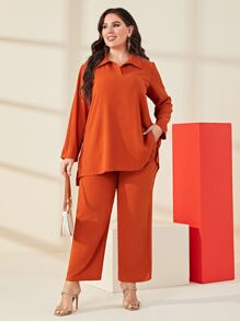 Mulvari Plus Solid Blouse & Wide Leg Trousers - Burnt Orange - View 7