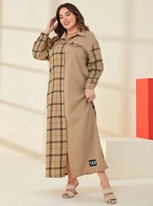 Mulvari 大碼格紋印花落肩袖襯衫連衣裙 - 卡其色 - 查看 1