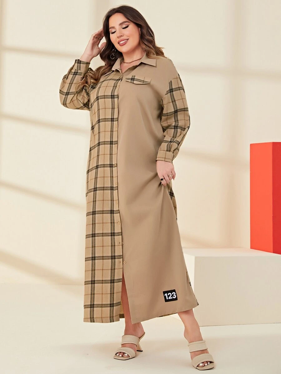 Mulvari 大碼格紋印花落肩袖襯衫連衣裙 - 卡其色 - 查看 1