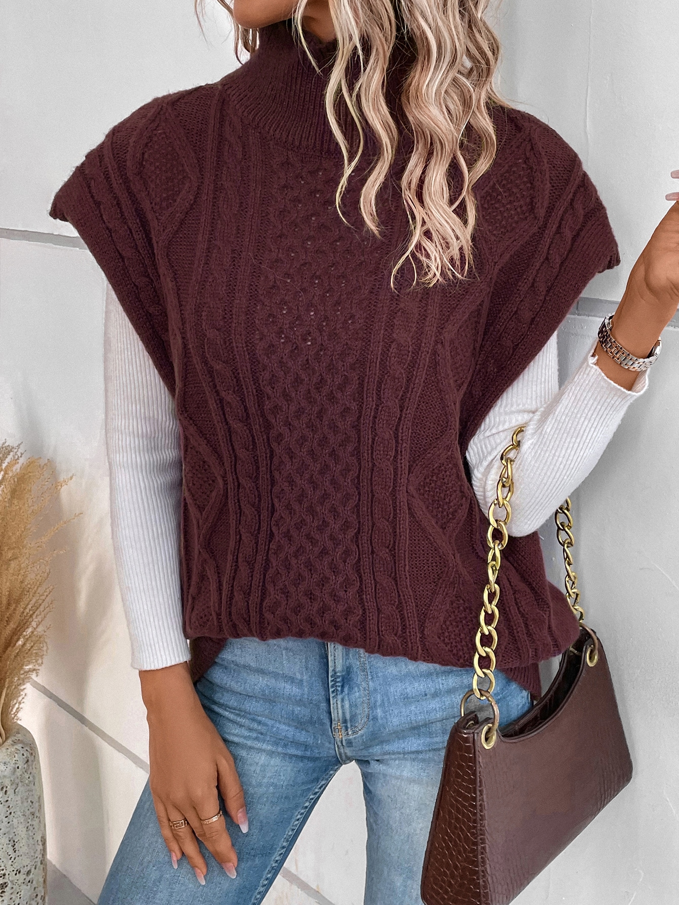 Turtle Neck Cable Knit Sweater Vest Without Tee SHEIN USA