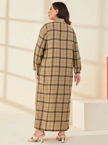Mulvari 大碼格紋印花落肩袖襯衫連衣裙 - 卡其色 - 查看 2
