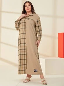 Mulvari 大碼格紋印花落肩袖襯衫連衣裙 - 卡其色 - 查看 3