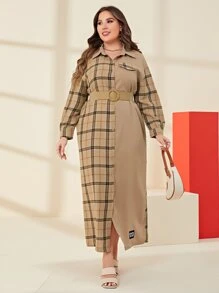 Mulvari 大碼格紋印花落肩袖襯衫連衣裙 - 卡其色 - 查看 4