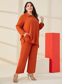 Mulvari Plus Solid Blouse & Wide Leg Trousers - Burnt Orange - View 6