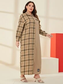 Mulvari 大碼格紋印花落肩袖襯衫連衣裙 - 卡其色 - 查看 5