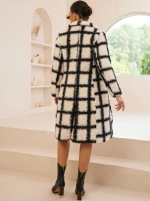 SHEIN Essnce Abrigo teddy con patrón de cuadros de cuello con solapa - Blanco - Ver 2