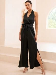 SHEIN Unity Backless Split Hem Belted Halter Jumpsuit - Black - View 4
