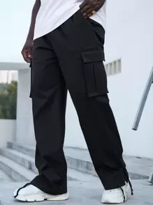 Manfinity Men Flap Pocket Side Drawstring Hem Cargo Trousers - Black - View 1