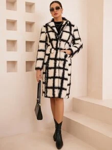 SHEIN Essnce Abrigo teddy con patrón de cuadros de cuello con solapa - Blanco - Ver 3