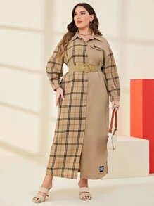 Mulvari 大碼格紋印花落肩袖襯衫連衣裙 - 卡其色 - 查看 6