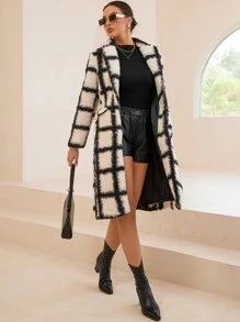 SHEIN Essnce Abrigo teddy con patrón de cuadros de cuello con solapa - Blanco - Ver 4