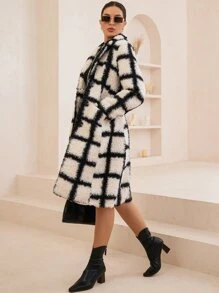 SHEIN Essnce Abrigo teddy con patrón de cuadros de cuello con solapa - Blanco - Ver 5