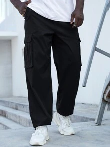 Manfinity Men Flap Pocket Side Drawstring Hem Cargo Trousers - Black - View 3