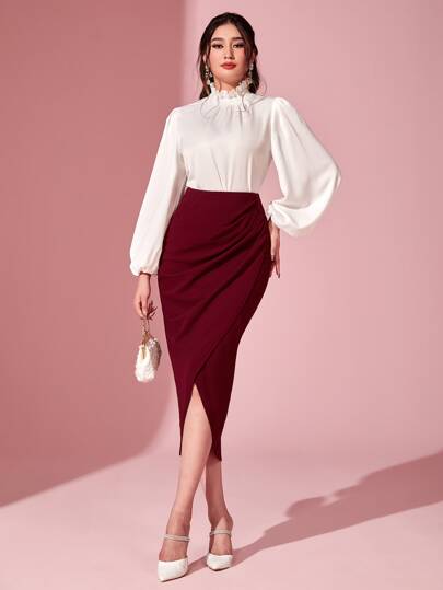 Modelyn Burgundy Red Ruched Tulip Hem Elegant Skirt