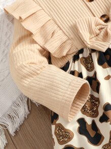 SHEIN Đứa bé gái In hoa Báo Viền Ruffle Nơ mặt trước Đầm Với băng đô - Màu be - Xem 4