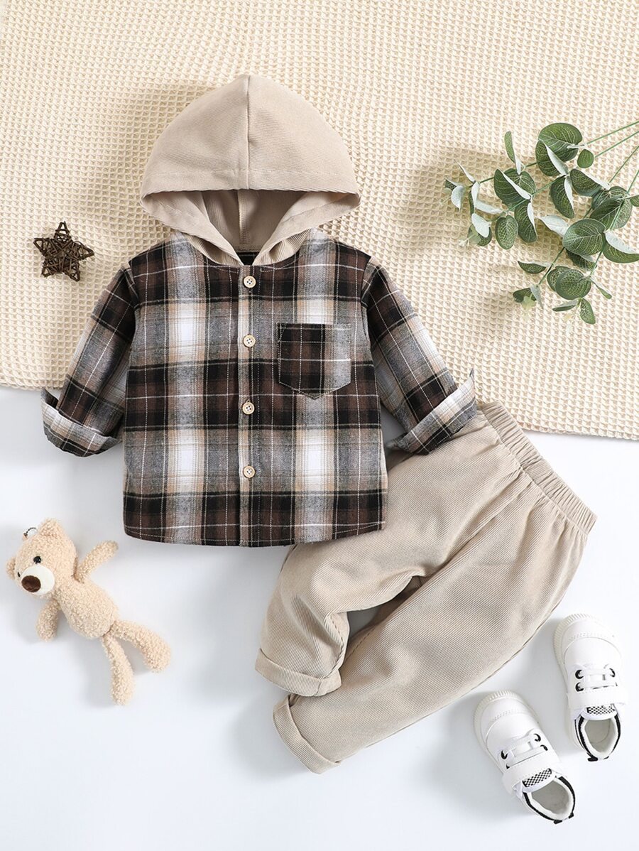 SHEIN Baby Boy Plaid Print Hooded Shirt & Pants