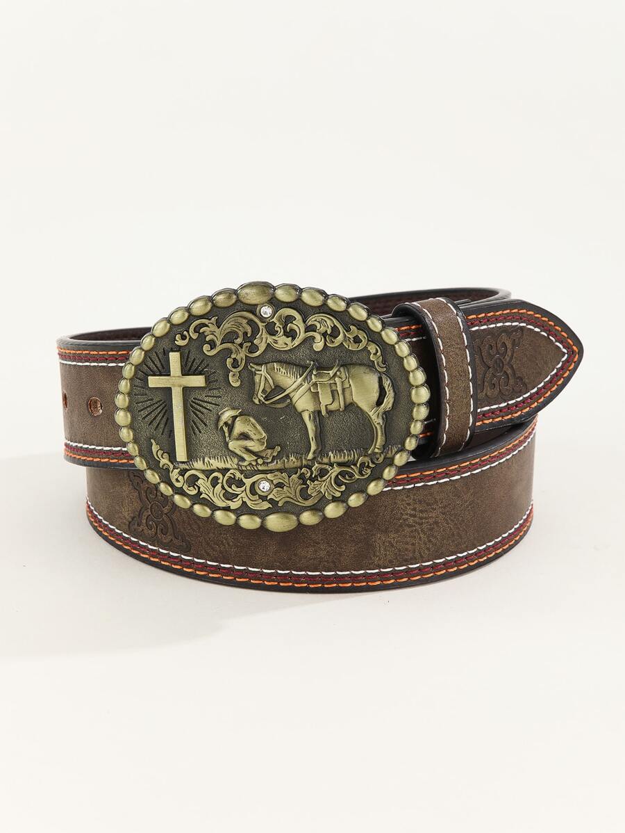 1pc Women Horse & Cross Decor Oval Buckle Vintage Belt, For Daily Life