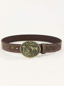 1pc Women Horse & Cross Decor Oval Buckle Vintage Belt, For Daily Life