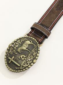 1pc Women Horse & Cross Decor Oval Buckle Vintage Belt, For Daily Life