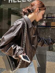 DAZY Zip Up Raglan Sleeve PU Jacket - Coffee Brown - View 1