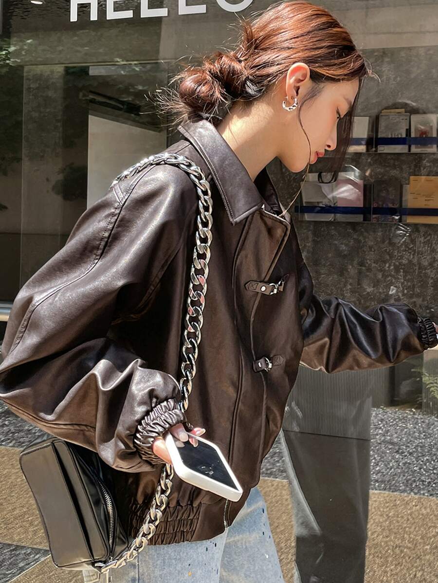 DAZY Zip Up Raglan Sleeve PU Jacket - Coffee Brown - View 1