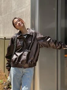 DAZY Zip Up Raglan Sleeve PU Jacket - Coffee Brown - View 3