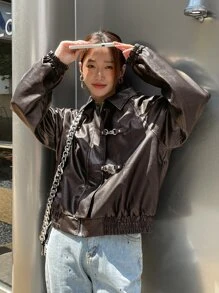 DAZY Zip Up Raglan Sleeve PU Jacket - Coffee Brown - View 4