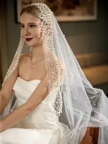 仿珍珠装饰优雅新娘头纱，适合婚礼、秋季服装、女士情人节配饰 - 白色 - 查看 3