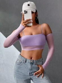 SHEIN PETITE Cold Shoulder Mesh Crop Top - Lilac Purple - View 3