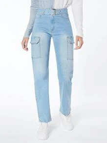 SHEINBlues Belted Cargo Jeans - Light Wash - View 1
