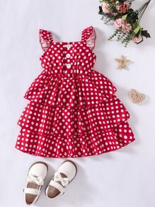 小女童波卡圓點圖案多層洋裝 - 紅色 - 查看 1