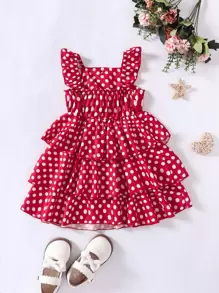 小女童波卡圓點圖案多層洋裝 - 紅色 - 查看 2
