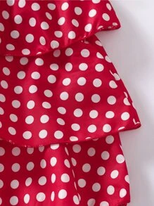 小女童波卡圓點圖案多層洋裝 - 紅色 - 查看 3