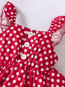 小女童波卡圓點圖案多層洋裝 - 紅色 - 查看 4