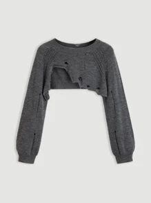 SHEIN MOD Suéter corto con mangas raglán rasgadas, blusas de manga larga para otoño/invierno - Gris Oscuro - Ver 2