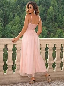 Joyfunear Contrast Mesh Split Thigh Cami Dress - Coral Pink - View 2